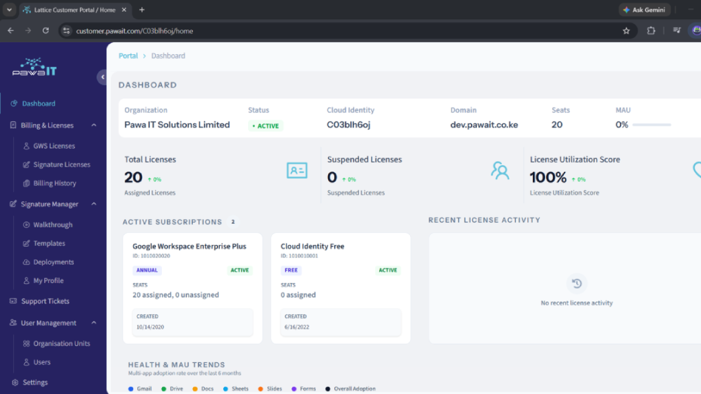 Pawa IT Customer Portal dashboard showing licences, subscriptions and usage