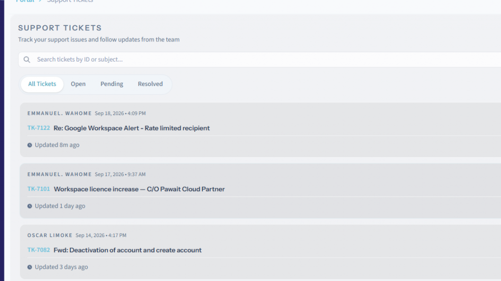 Support ticket tracking screen in the Pawa IT Customer Portal