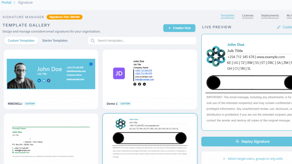 Signature Manager template gallery in the Pawa IT Customer Portal